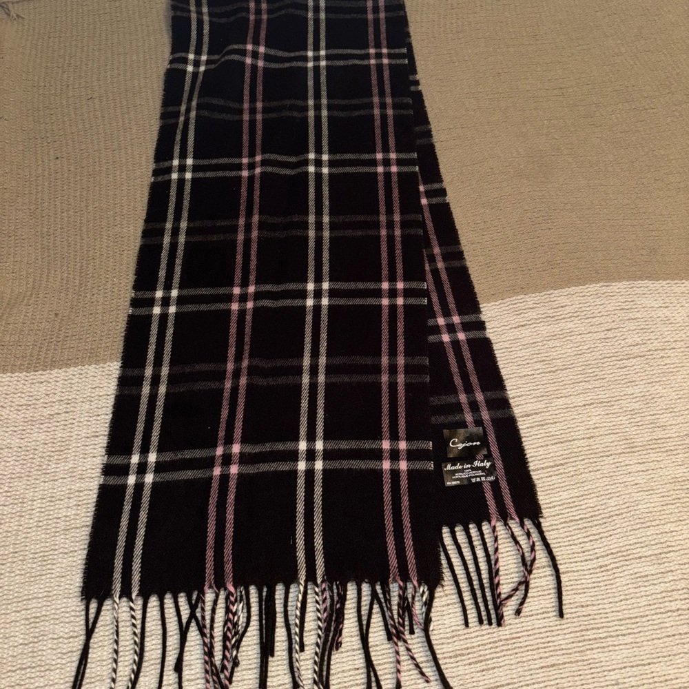 Cejon Italian 100% Acrylic Black Plaid Scarf with Pink & White Stripes